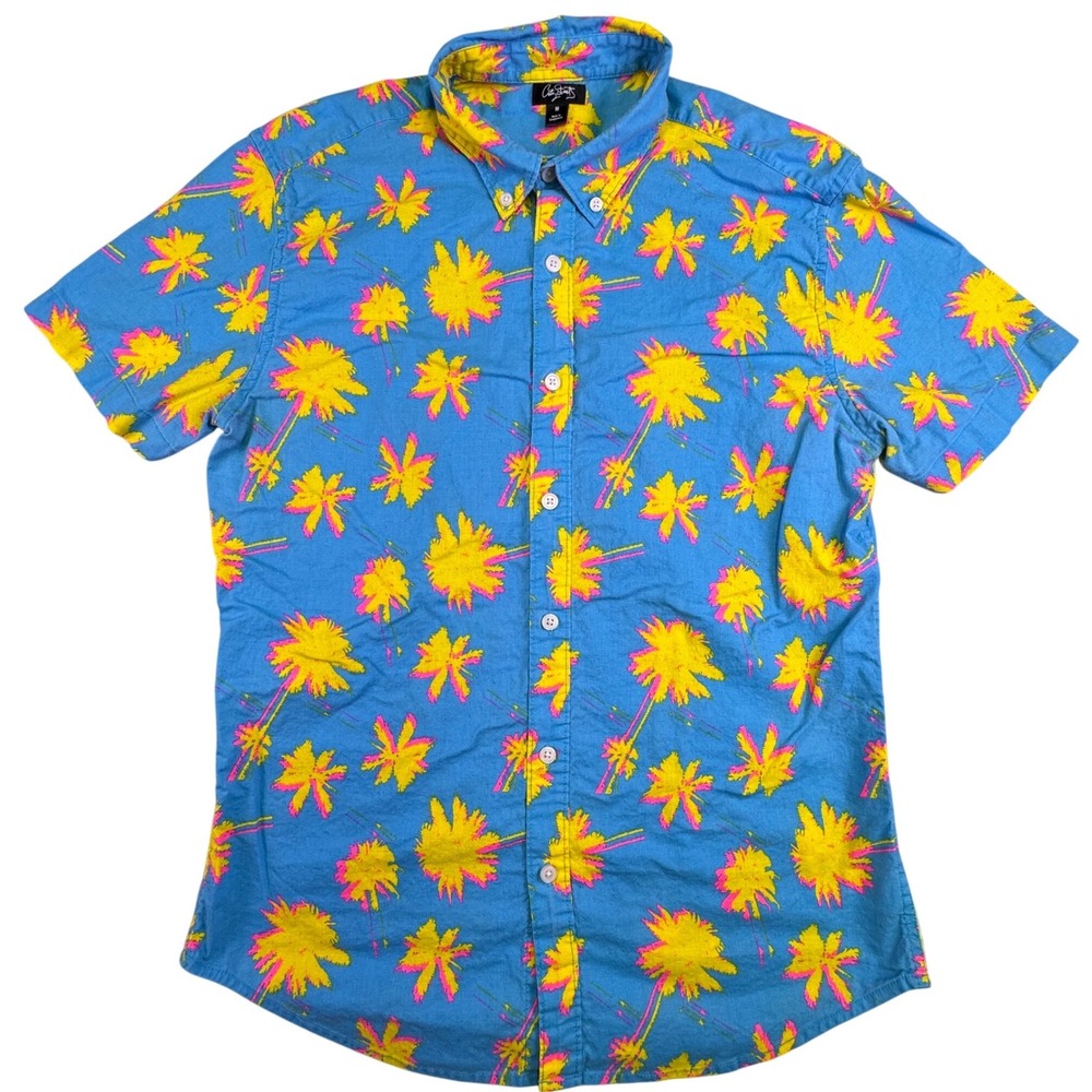 City Streets Shirt Men's Medium Button Down Blue Neon Palm Tree Short Sleeve‎